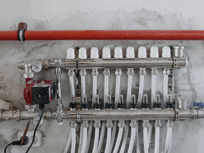 Colector de fontanería con llaves de corte instalado en pared